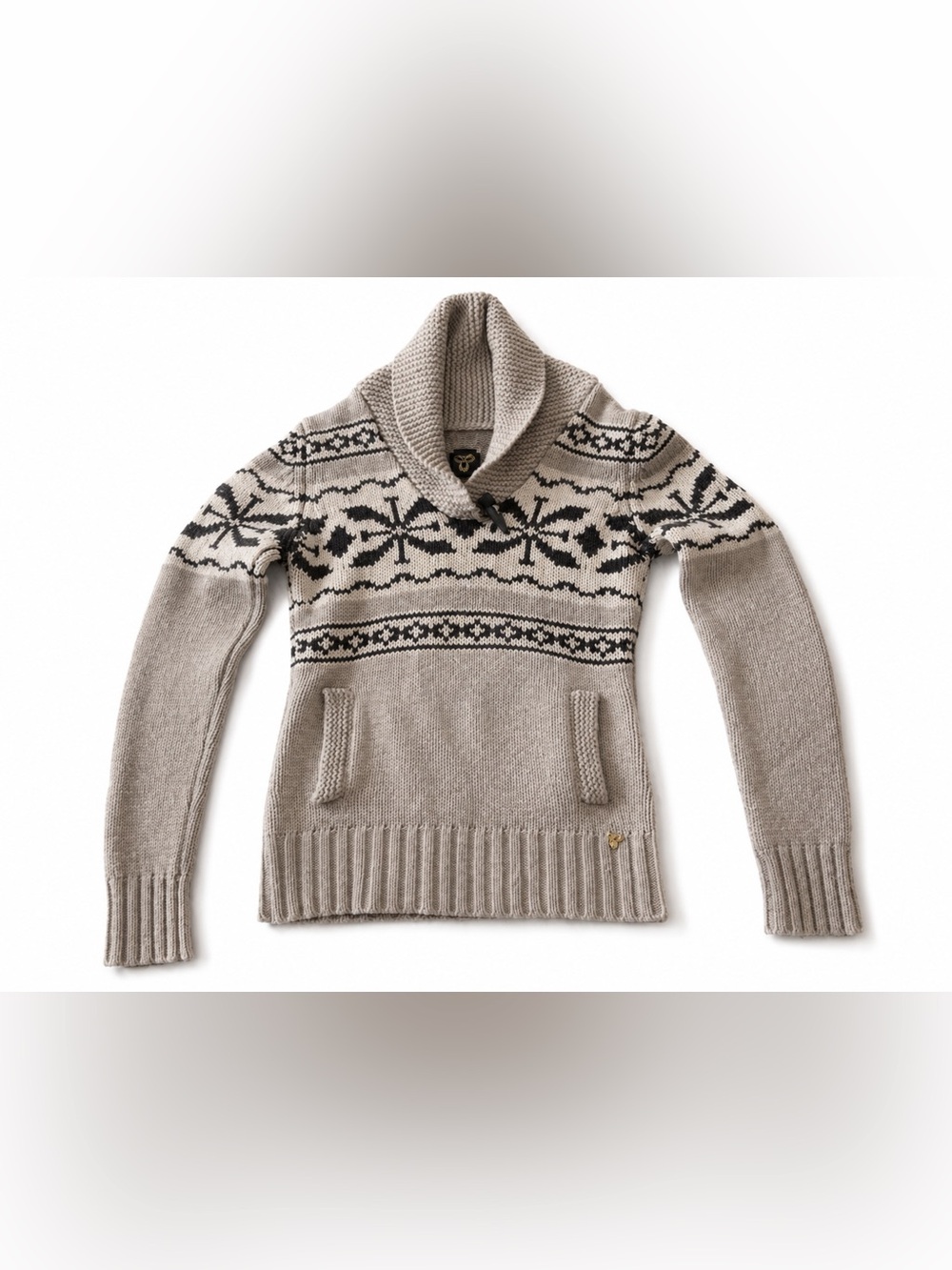 Women’s Shawl Collar Fair Isle Sweater Hoodie - Taupe & Black